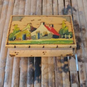 Hand-Painted Wooden Box with Cottage Scene